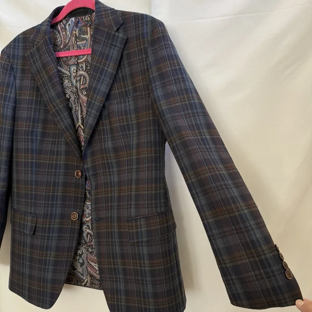 Tallia Men Suit 40R Windowpane Plaid Wool Blend Blazer Sport Coat Jacket